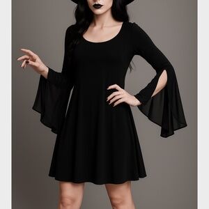 Black Chiffon Bell Sleeve A-Line Witchy Goth Mini Party Dress